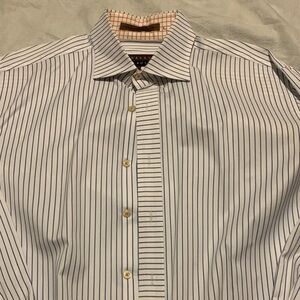 Robert Talbott White Dress Shirt with Blue Pinstripes and Orange Contrast